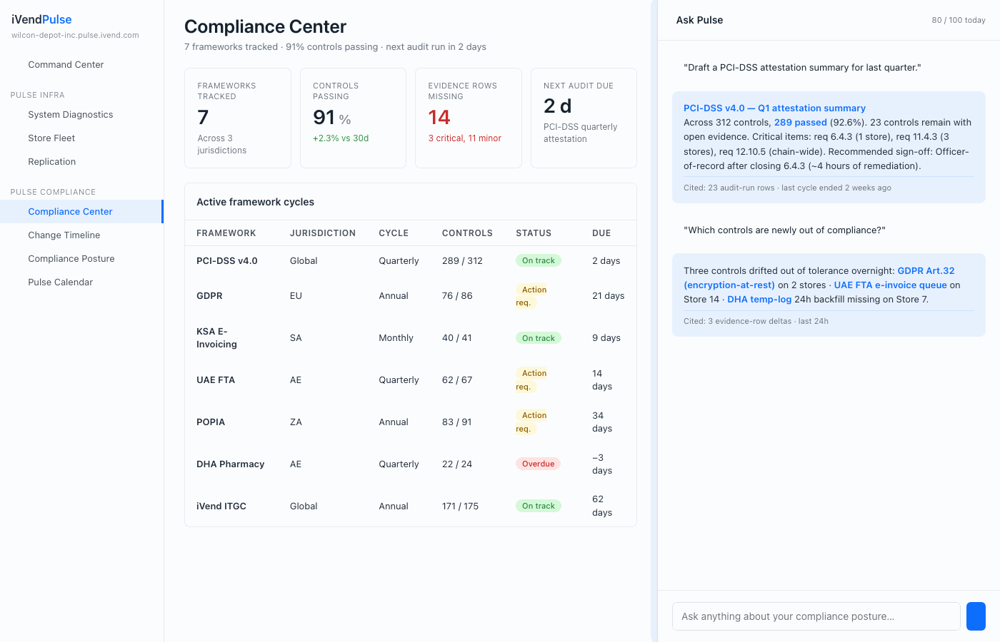 Ask Pulse drawer showing PCI-DSS attestation summary with cited evidence rows