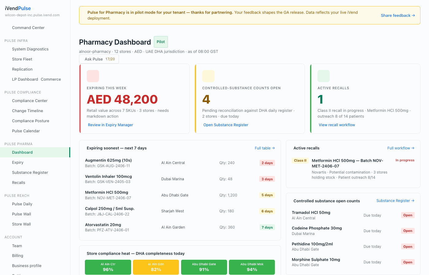 Pulse Pharmacy dashboard showing cold-chain tile with per-location excursion status and current temperature readings