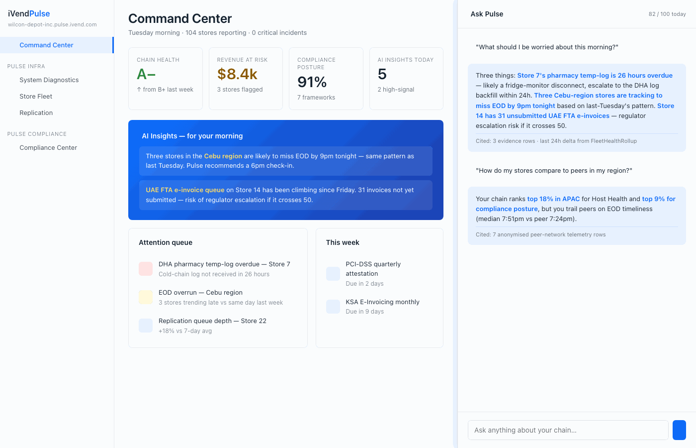 Command Center with Ask Pulse drawer open — peer comparison answer