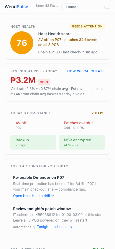 My Store mobile dashboard — host health, payment terminals, today's revenue, top three actions